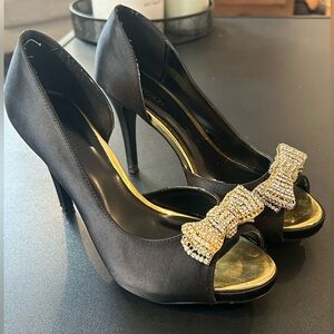 Black Satin Peep-Toe Heels with Gold Crystal Bow